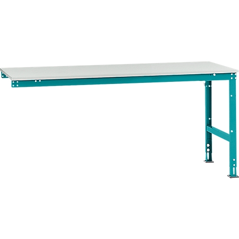 A white rectangular table with a turquoise metal frame. The table legs are also turquoise and made of metal. The surface appears to be made of plastic.