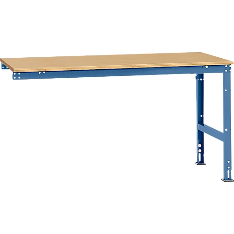 Workbench with wooden top and blue metal frame. One leg of the workbench is cut off.