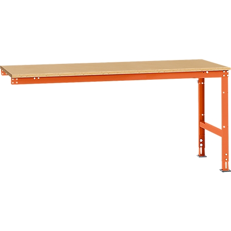 Workbench with light brown worktop and orange frame. The frame has a rectangular profile.