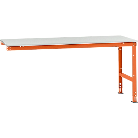 A workbench with a white surface and an orange frame. The table top is rectangular, the frame is made of steel.