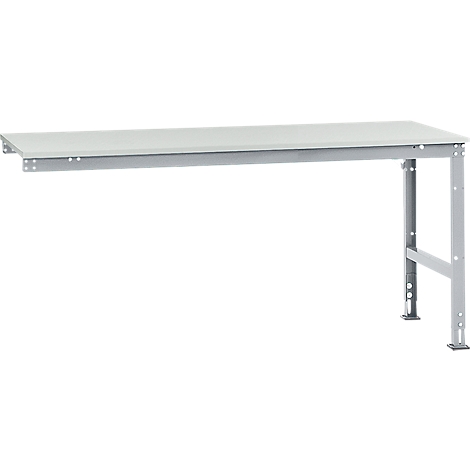 A white workbench table with a gray steel frame. The tabletop is rectangular. There is a leg on the right side.