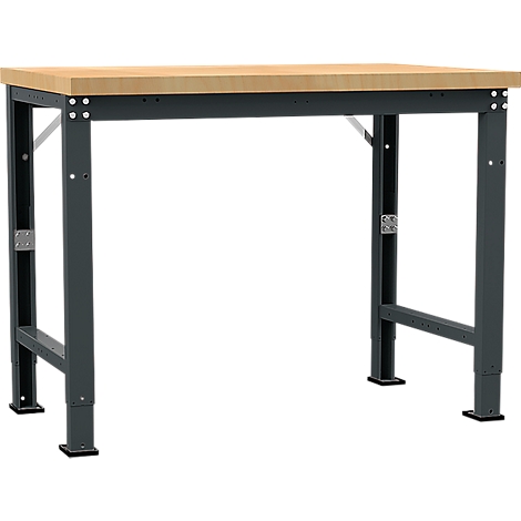 Metal workbench with light brown wooden top.