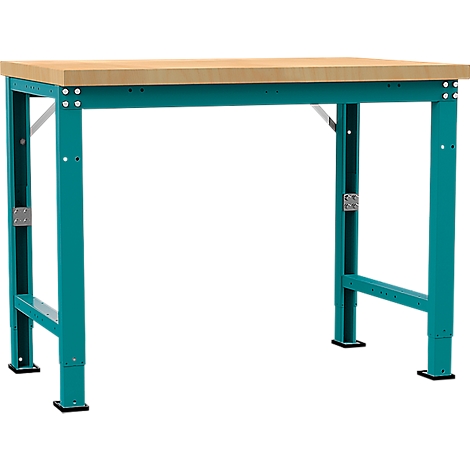 Workbench with wooden top and turquoise blue metal frame. The legs are height-adjustable and reinforced with metal brackets.