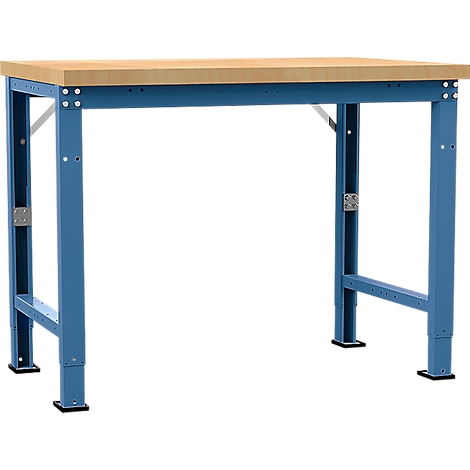 Blue workbench table with light brown wooden top and metal legs, against a white background.
