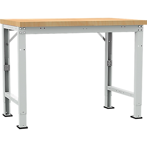 Workbench with light wood top and gray metal frame. On a white background.