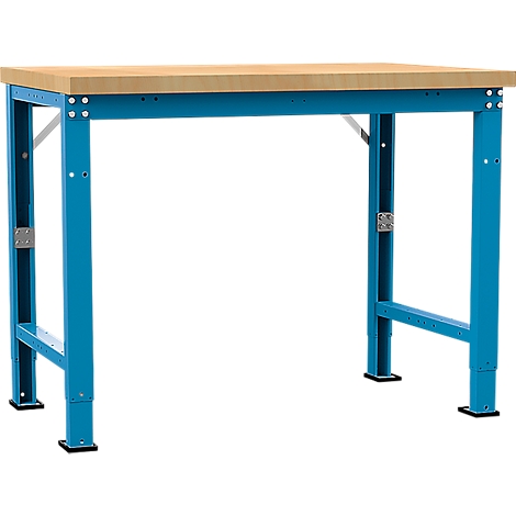 Workbench with light brown wooden top and blue painted metal frame.