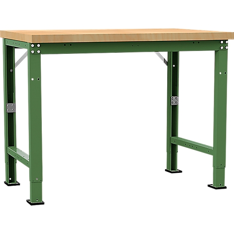 Workbench with wooden top and green metal legs. The workbench stands against a white background.