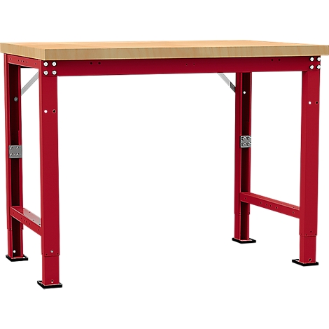 Workbench with red metal frame and light wood top.