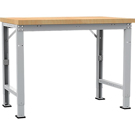 Workbench with a wooden top and light grey metal legs, isolated against a white background.
