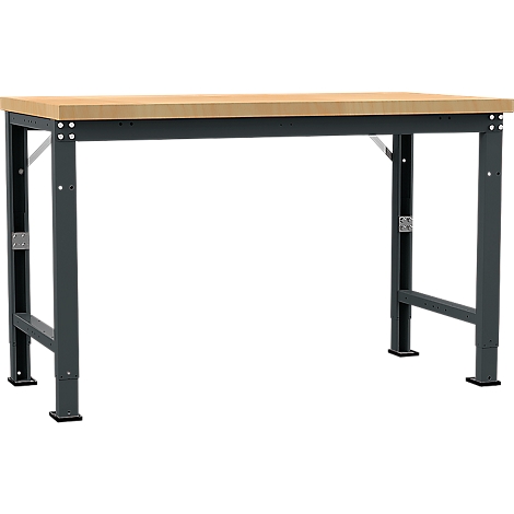 Metal workbench with wooden top. Gray frame, light brown work surface. Screws and connections are visible.