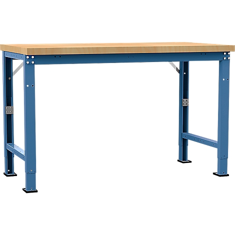 Workbench with wooden top and blue metal frame. The legs are adjustable.