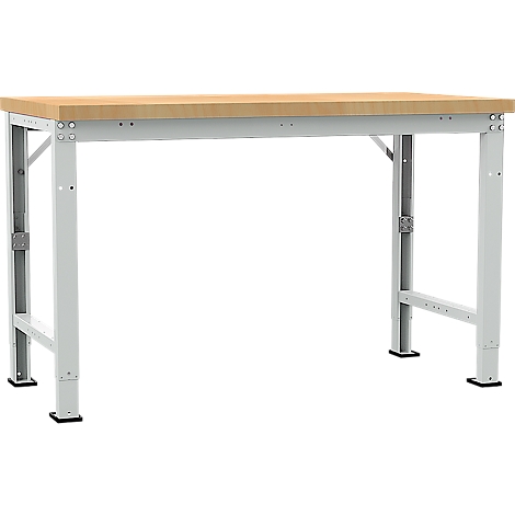 Workbench with wooden top and gray metal frame. Black square feet and connections with screws.