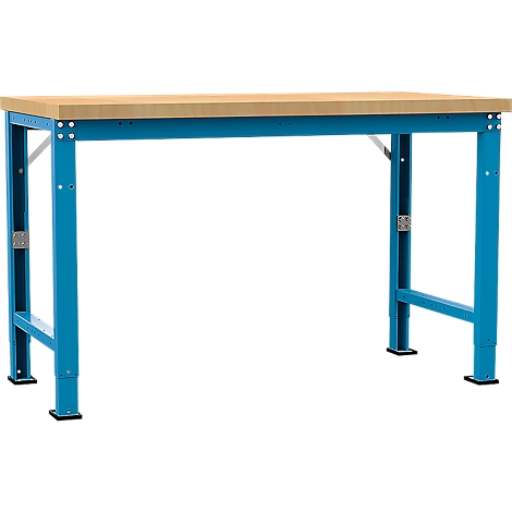 Blue workshop table with light wood top. The legs are height adjustable.