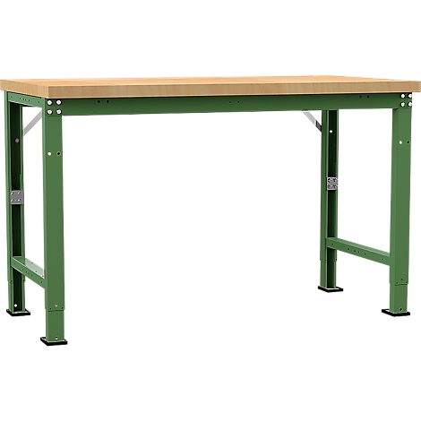 Workbench with light brown wooden top and green metal legs. A practical and sturdy work table.