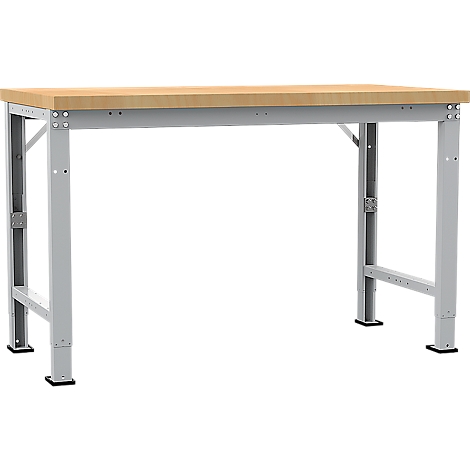 Workbench with light wood top and gray metal legs. The workbench stands isolated on a white background.