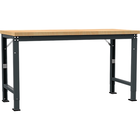 Workbench with wooden top and gray metal frame. Corners secured with screws. The table stands on a white background.