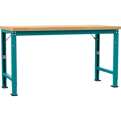 Workbench with light brown wooden top and turquoise metal frame. The legs are height adjustable.