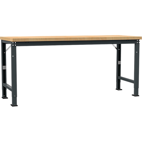 Workbench with wooden top, gray metal legs on a white background.