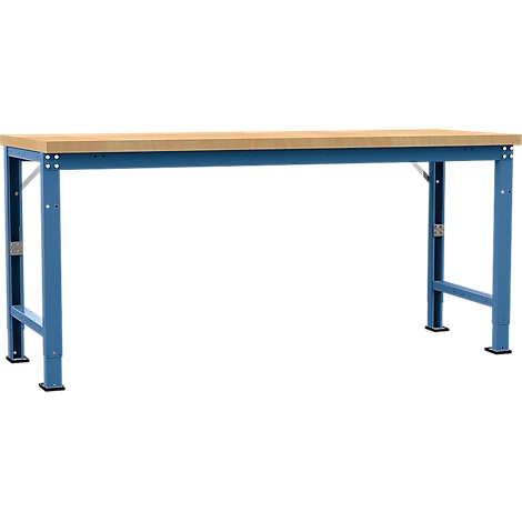 A workbench table with a blue metal frame and a light brown wooden top.