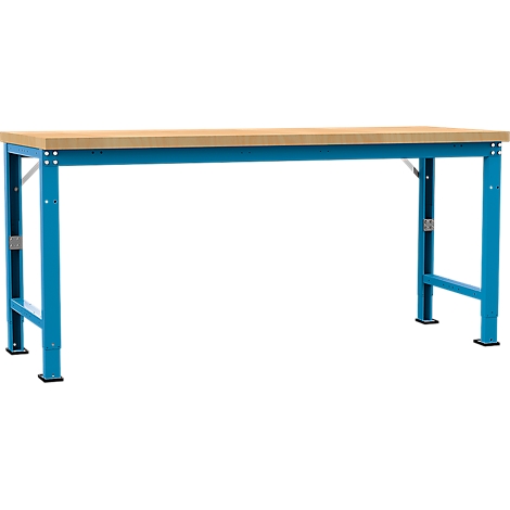 Workbench with blue legs and light wood top. Adjustable height and sturdy construction.