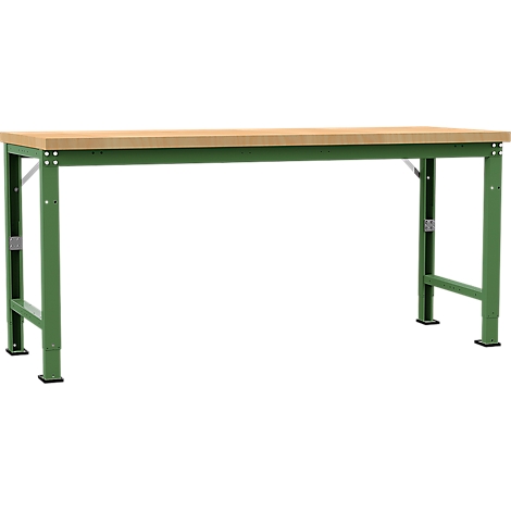 Green workbench with a light wood top. The frame has adjustable feet.