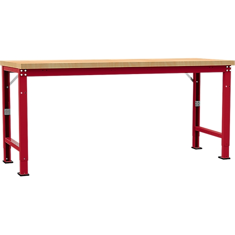 Red workbench with wooden top, isolated. The table has metal legs and is height adjustable.