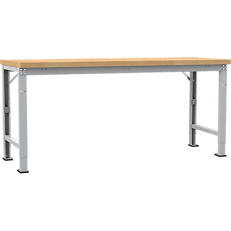 Light brown workbench with silver legs and a wooden top.