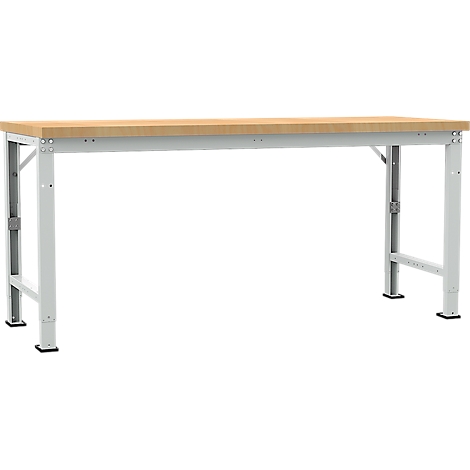 A sturdy workbench with light wood top and metal legs. The table legs are height-adjustable. Black rubber feet.