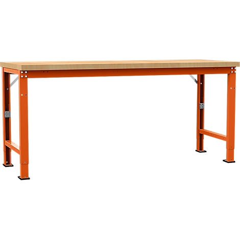 An orange workbench table with wooden top. The legs are adjustable.