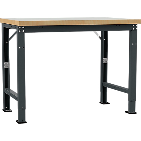 Workbench with wooden top and gray metal frame. The legs are height adjustable.