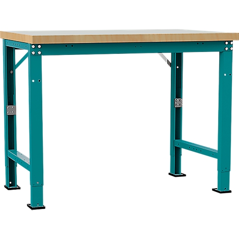 Workbench with light brown wooden top and turquoise metal legs. The legs are height adjustable.