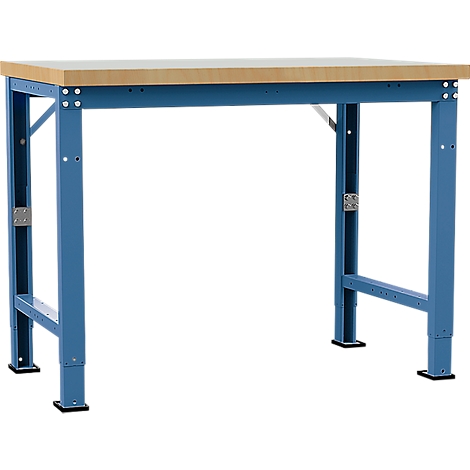 Blue workbench with wooden table top, standing on a white background.