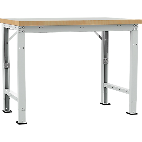 Metal workbench with wooden top. White painted frame, light wood surface. Rubber feet on a white background.