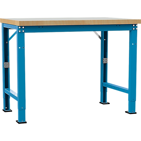 Blue workbench table with wooden top. The table has metal legs and a light wood top.