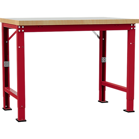 A red workbench table with a light brown wooden top, against a white background. The legs are angular and have black feet.