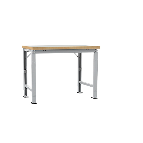 A workshop table with a light brown worktop and gray metal legs. It stands against a white background.