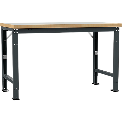 A workbench with a light brown wooden top and an anthracite-colored metal frame. The legs are height adjustable.