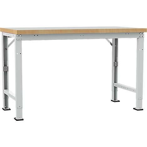 Workbench with light brown wooden top and gray painted steel frame.