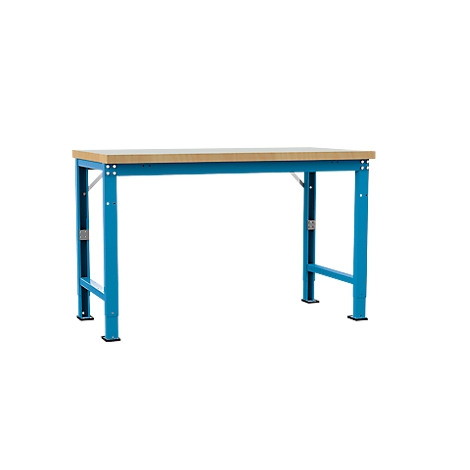 Blue workbench with wooden top on a white background.