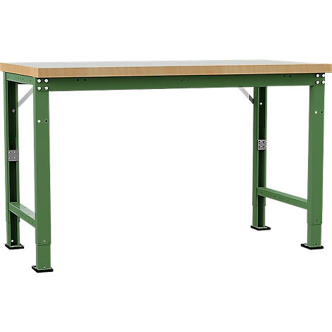 Workbench with green steel legs and light brown wooden top. Shown on a light background.