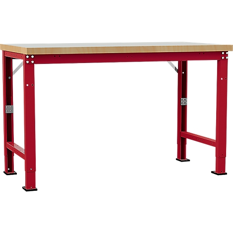 Workbench with red frame and light wooden top.