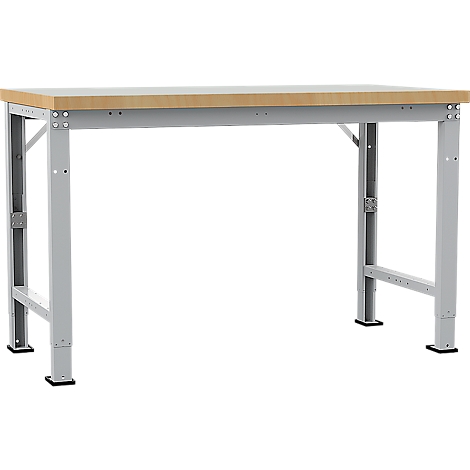 Gray workbench table with light brown tabletop, against white background. The legs are adjustable.