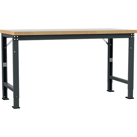 Work bench with wooden top and grey metal frame. Legs are adjustable, on a white background.