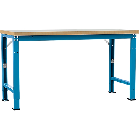 Blue workbench with wooden top. Adjustable legs, metal frame.