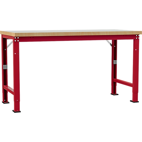 Work bench with red metal frame and light wooden top against a white background.