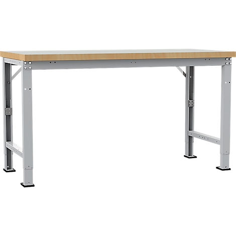 Workbench with light brown wooden top and silver metal legs against a white background.