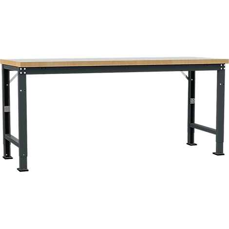 Grey workshop table with light wooden top. The legs are adjustable. The background is white.