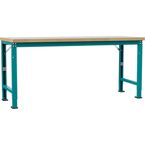 Workbench with wooden top and turquoise metal legs against a white background.