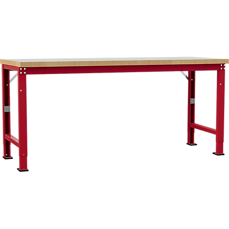 Red metal workbench with light wood top. The legs are adjustable, with a black foot.