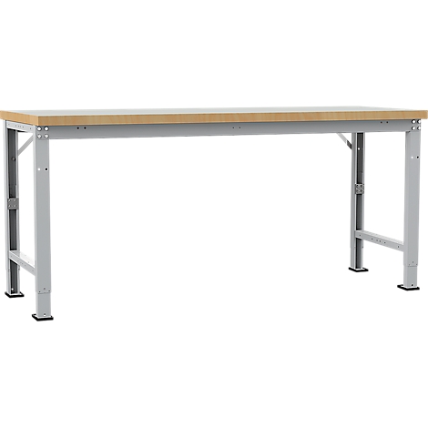 Grey workbench table with wooden top, isolated on white background.
